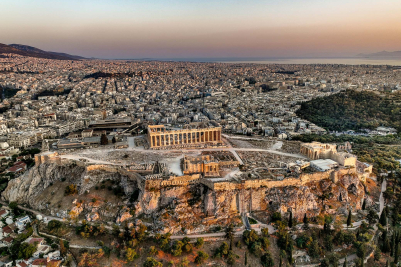 Aerial View of Acropolis during Sunset in Athens, Greece