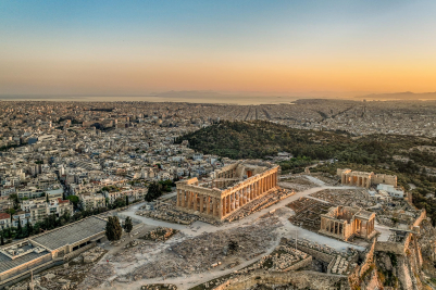 Aerial View of Acropolis during Sunset in Athens, Greece