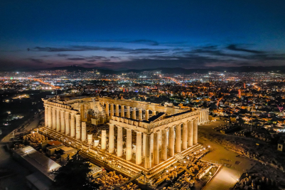 Aerial View of Acropolis at Night in Athens, Greece