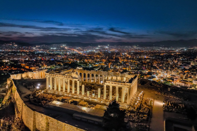Aerial View of Acropolis at Night in Athens, Greece