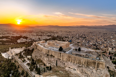 Aerial View of Acropolis during Sunset in Athens, Greece