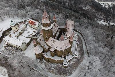 Aerial view of Bouzov Castle in the Winter, Czech Republic