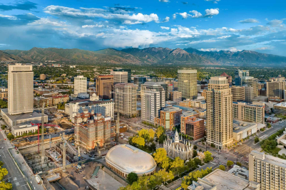 Aerial Drone View of Downtown Salt Lake City, Utah