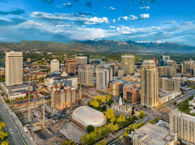 Aerial Drone View of Downtown Salt Lake City, Utah