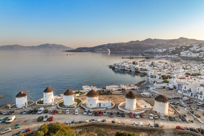 Aerial View of Flour Windmills of Mykonos in Greece
