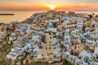 Aerial View of Oia in Santorini at Sunset