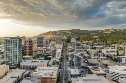 Aerial Drone Photography of Salt Lake City Utah During Cloudy Sunset