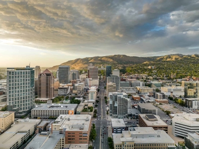 Aerial Drone Photography of Salt Lake City Utah During Cloudy Sunset