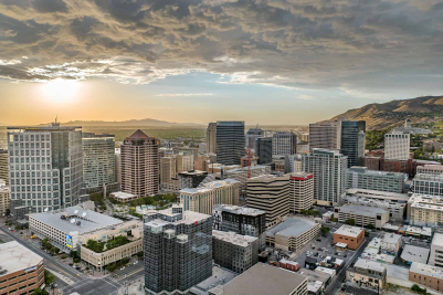 Aerial Drone Photography View of Downtown Salt Lake City Utah During Cloudy Sunset