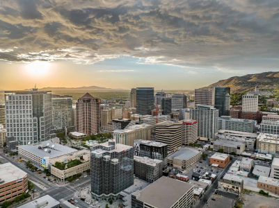 Aerial Drone Photography View of Downtown Salt Lake City Utah During Cloudy Sunset