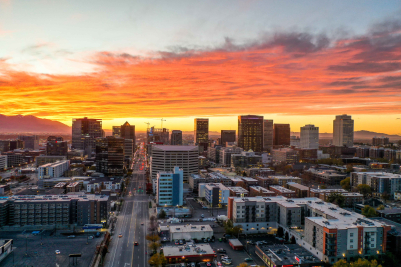 Aerial View of Salt Lake City Downtown During Sunset
